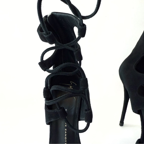 GIUSEPPE ZANOTTI BLACK SUEDE LACE UP ANKLE HIGH HEEL POINTY TOE PUMPS - Picture 7 of 11